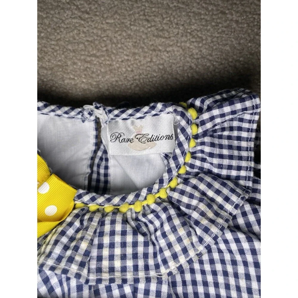 Rare Editions 6M Navy Gingham Butterfly Outfit 2pc Set Pom Pom Trim Summer